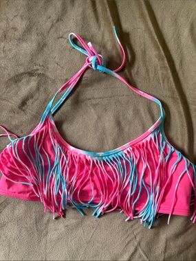 PINK VS Aqua Fringe Halter Swim Top sz Large